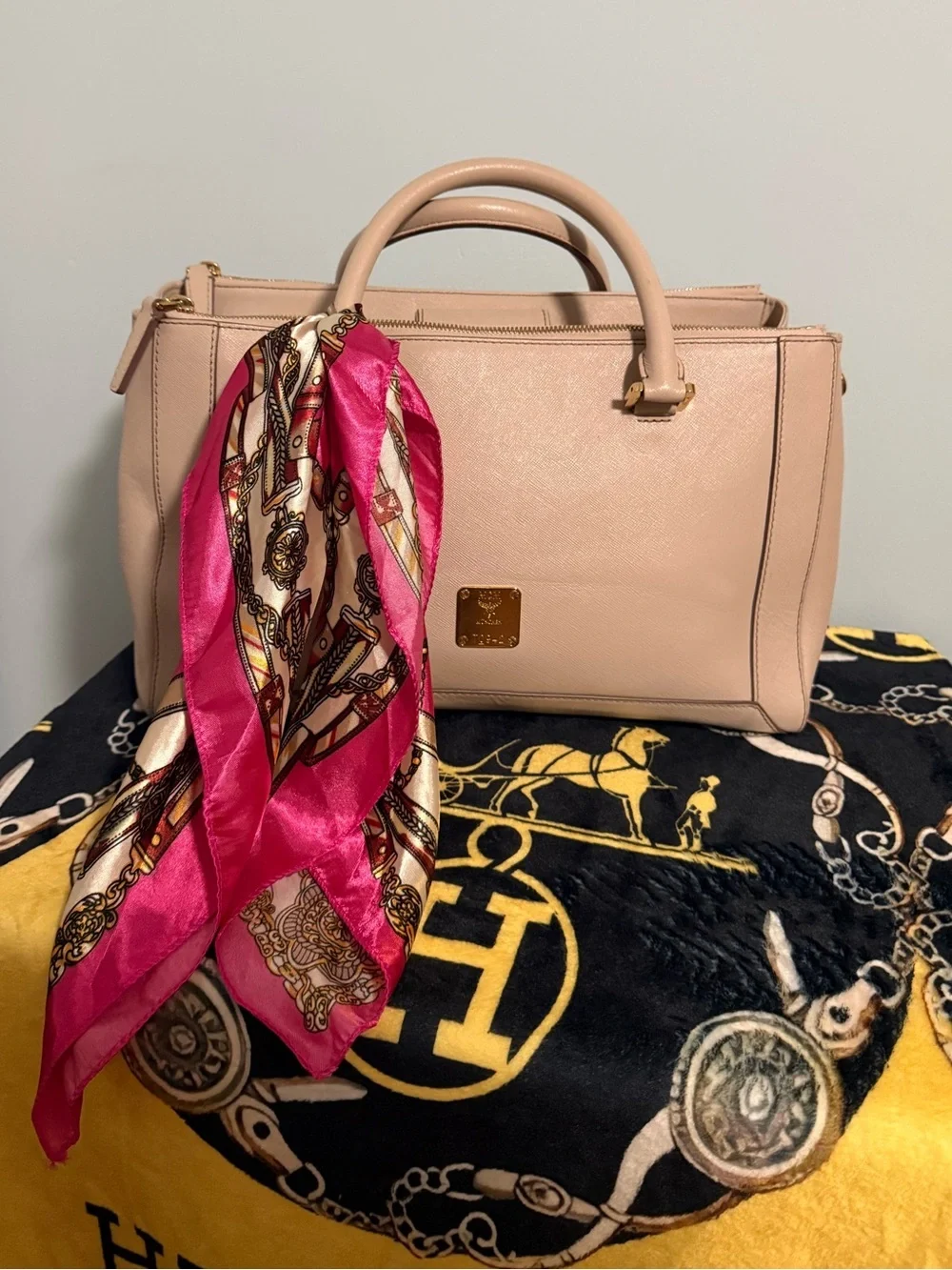 MCM Women's Leather Satchel Bag in Light Beige with FREE bag Scarf and COA 😍